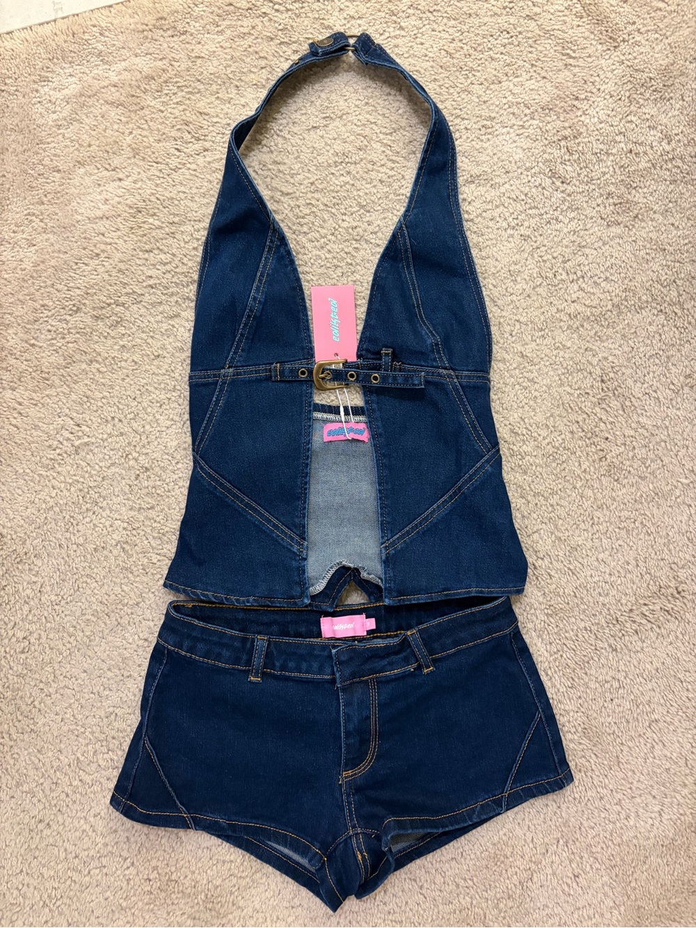 Edikted Denim Set XS — Halter Top + Mini Skirt